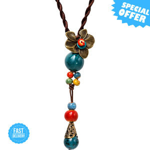 BRAND NEW MINACHI Vintage Bohemian Y Necklace - Colorful Ceramic Beads